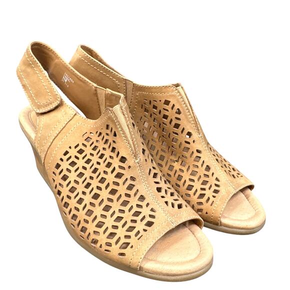 Earth Leather Wedge Sandals 11B Cascade Die Cut Boho Hook & Loop Travel Vacation - Picture 5 of 10